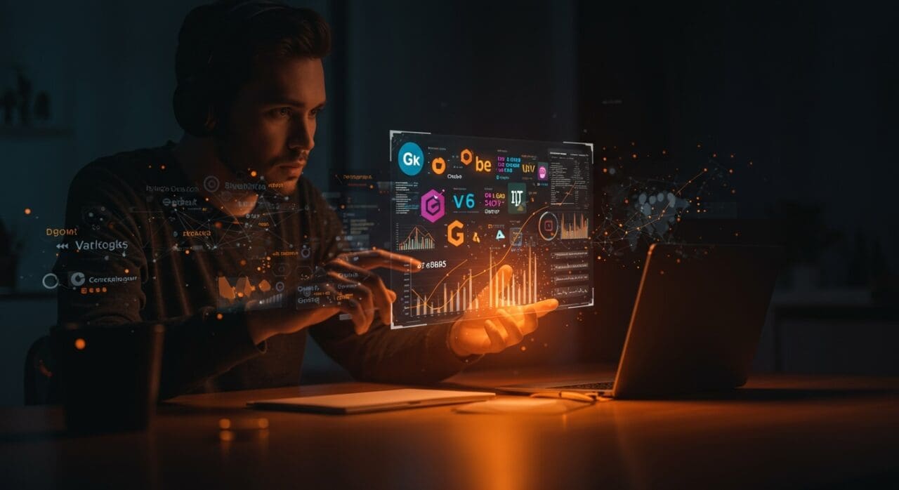 Fundador analizando tendencias de lenguajes de programación y métricas de GitHub en un entorno digital con paleta naranja y negro.