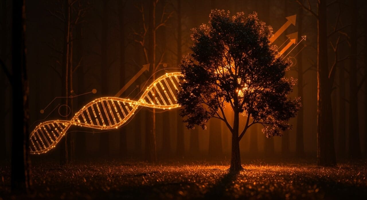 Eucalipto híbrido GloNi destacado en un ecosistema forestal chileno, simbolizando innovación genética y biotecnología para sostenibilidad en la industria forestal.