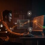 Desarrollador de software trabajando en Go programming con elementos visuales que representan testing concurrente, inteligencia artificial y seguridad software.