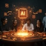 Startup indias impulsadas por inversión y mentoría en inteligencia artificial con apoyo de Google y Accel en un entorno colaborativo futurista.