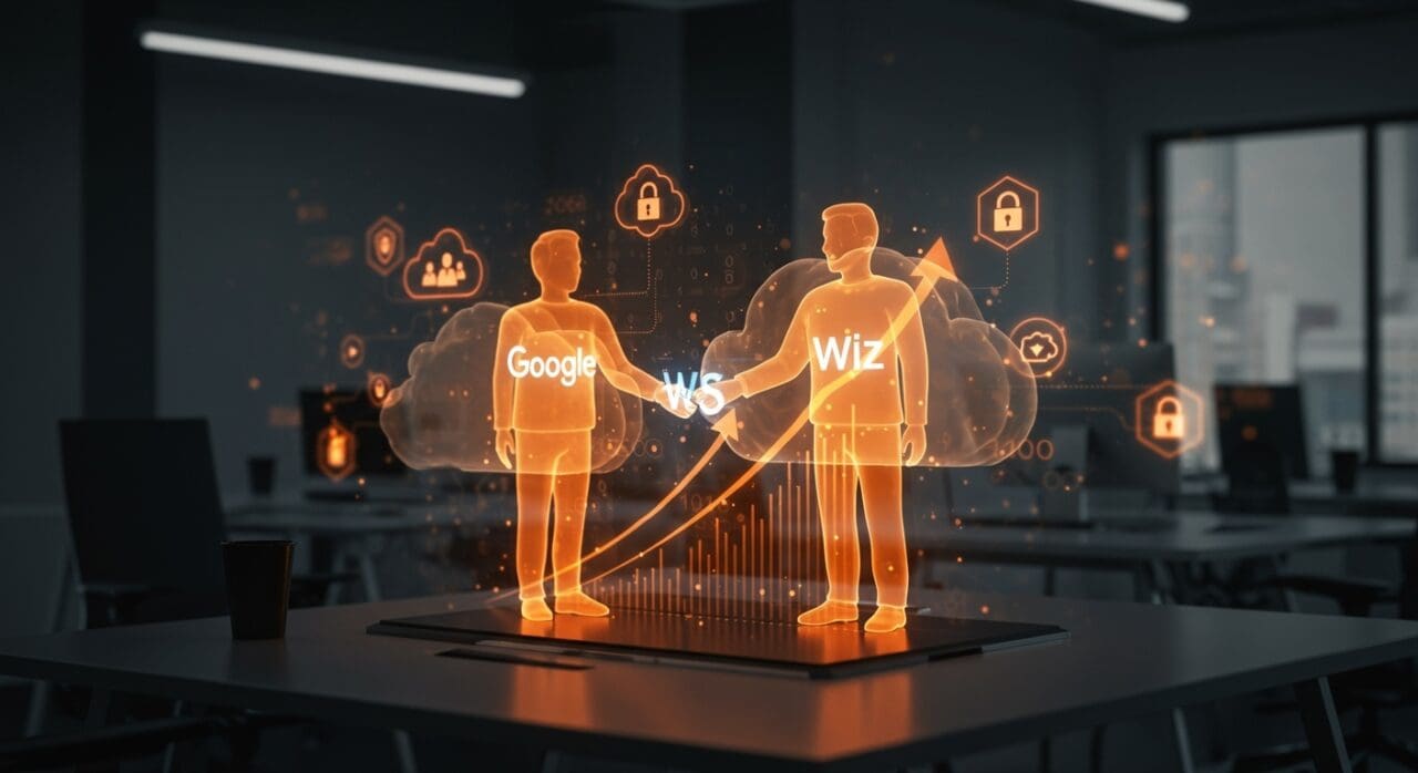 Adquisición de Wiz por Google destacada con símbolos de seguridad cloud y crecimiento tecnológico en startups.