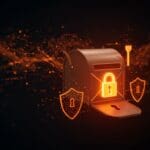 Privacidad en Gmail protegida con bloqueo digital y metáforas visuales de IA y seguridad de datos en un entorno tecnológico.