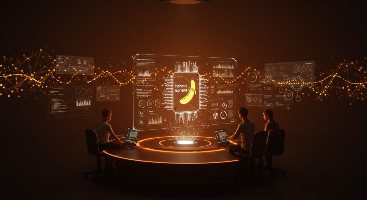 Visualización futurista del modelo de IA Nano Banana Pro de Google para generación y edición avanzada de imágenes, ideal para startups innovadoras.
