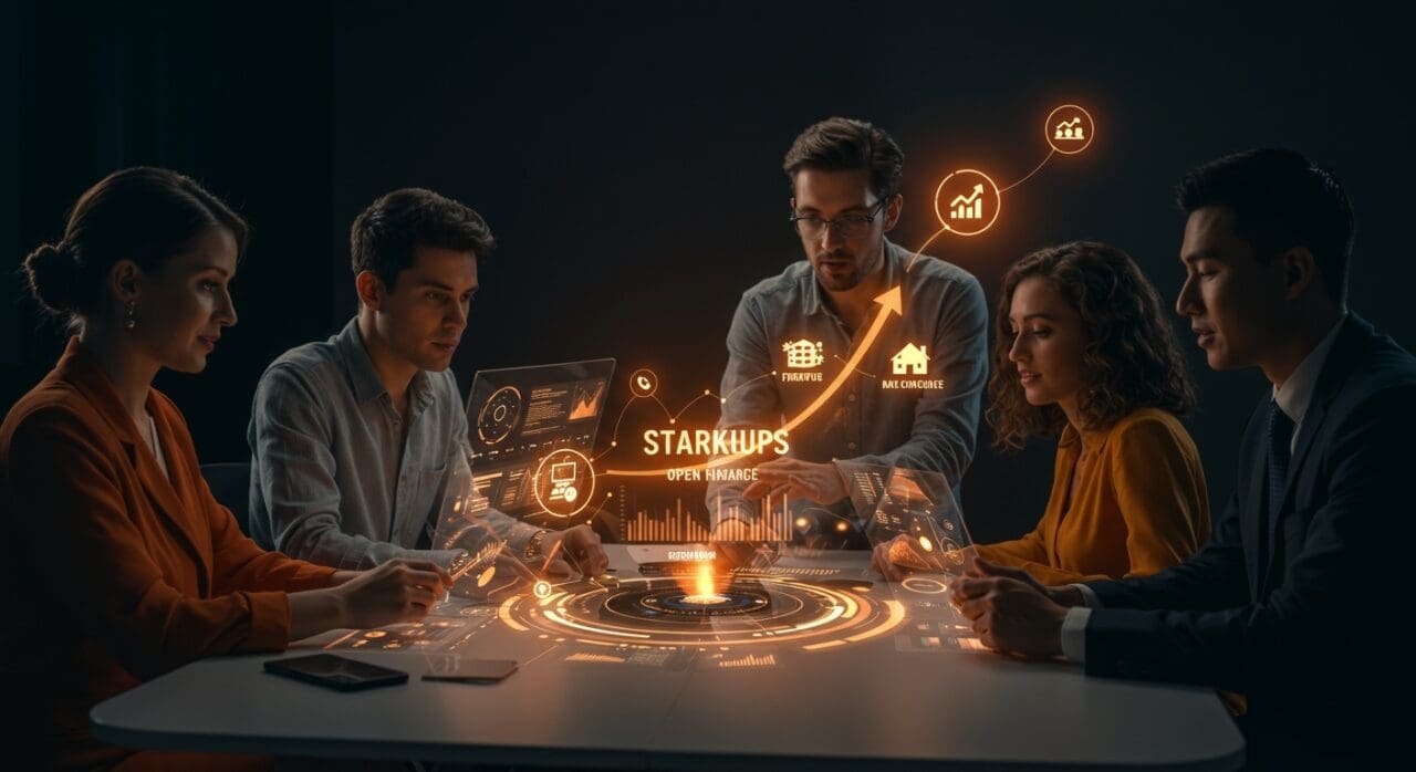 Grupo de emprendedores colaborando en propuestas tecnológicas y fintech, simbolizando optimismo y demandas para el balotaje 2025 en el ecosistema startup.