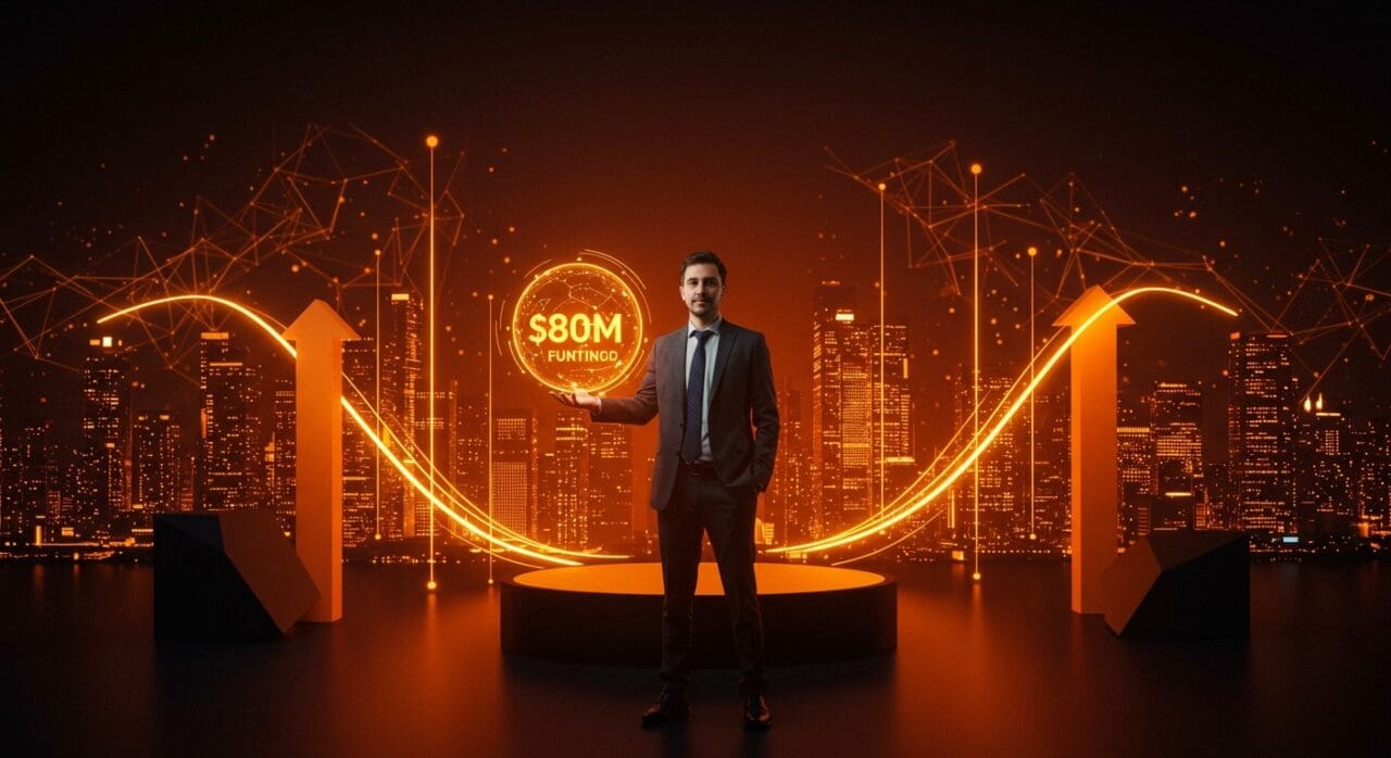 Fundador de startup con símbolo de inversión de 80 millones de dólares, representando el funding en ciberseguridad y el ecosistema tecnológico LATAM.