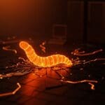 Representación visual del gusano Morris y su impacto en la ciberseguridad de la Internet usando paleta naranja y negro.