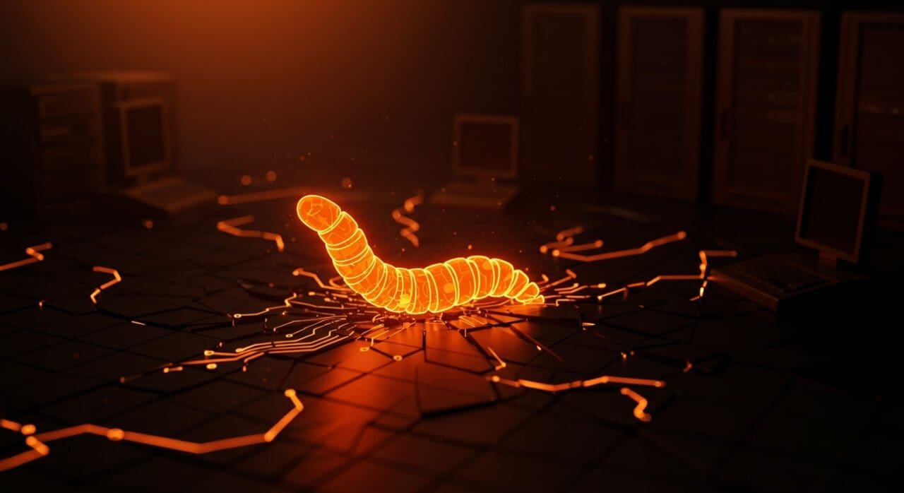 Representación visual del gusano Morris y su impacto en la ciberseguridad de la Internet usando paleta naranja y negro.