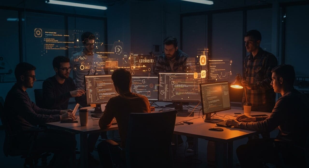 Equipo de desarrolladores en startup tech automatizando la conversión de tipos entre Golang y TypeScript con herramientas AI para optimizar el workflow frontend-backend.