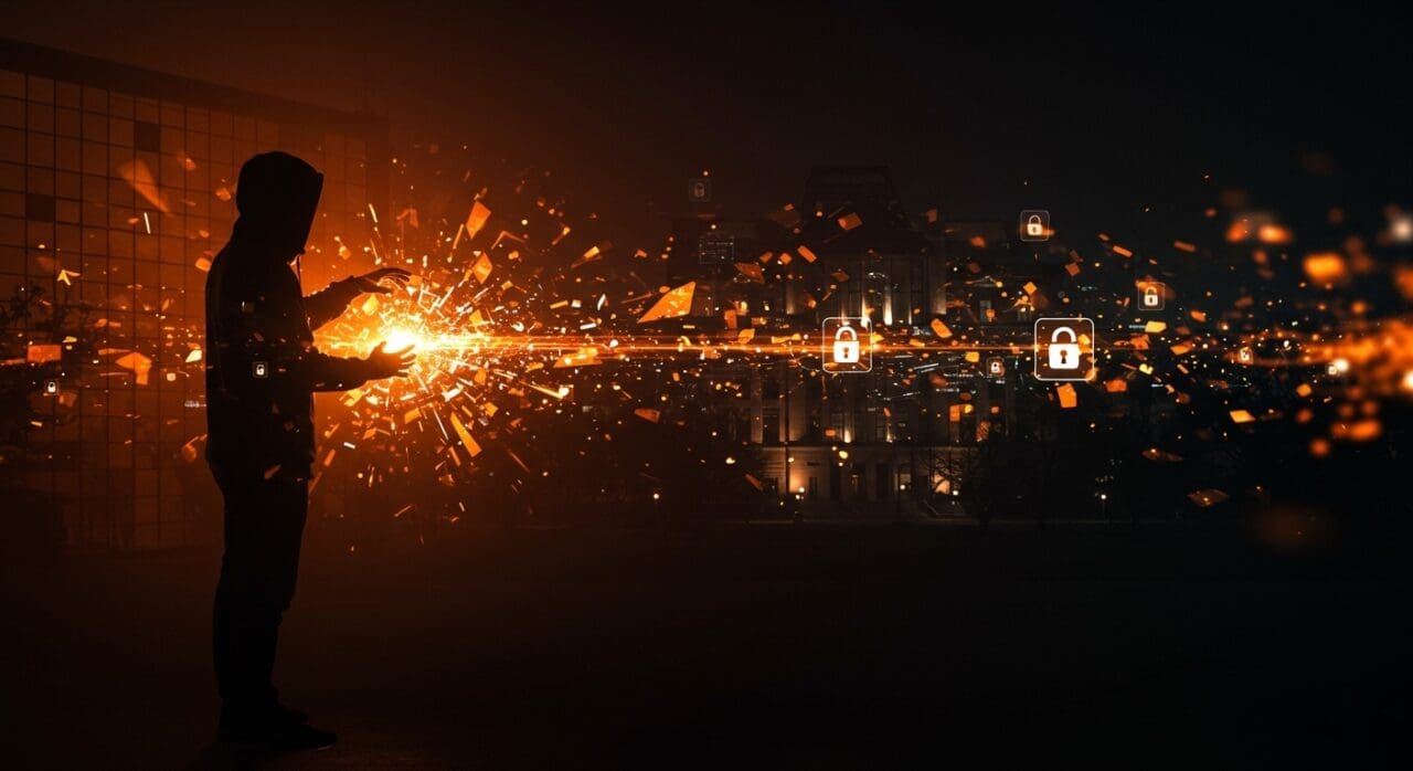 Ciberataque en Universidad de Pensilvania representado con hacker y flujos de datos digitales en tonos naranja y negro, destacando riesgos en ciberseguridad y brechas de datos.