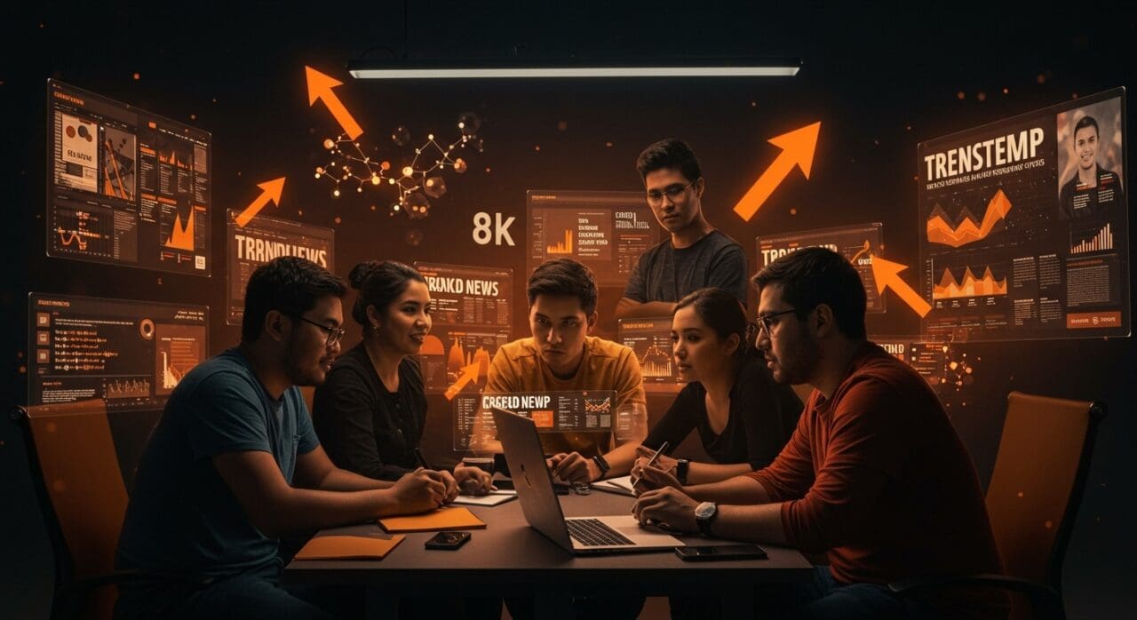 Founders hispanos analizando titulares y tendencias tech en un entorno digital inspirado en Hacker News comprendiendo el ecosistema startup.