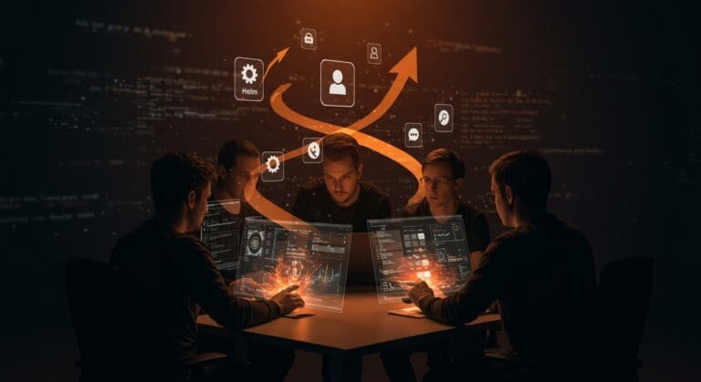 Equipo DevOps automatizando despliegues en Kubernetes con Helm v4.0.0, resaltando innovación y tecnología open source.