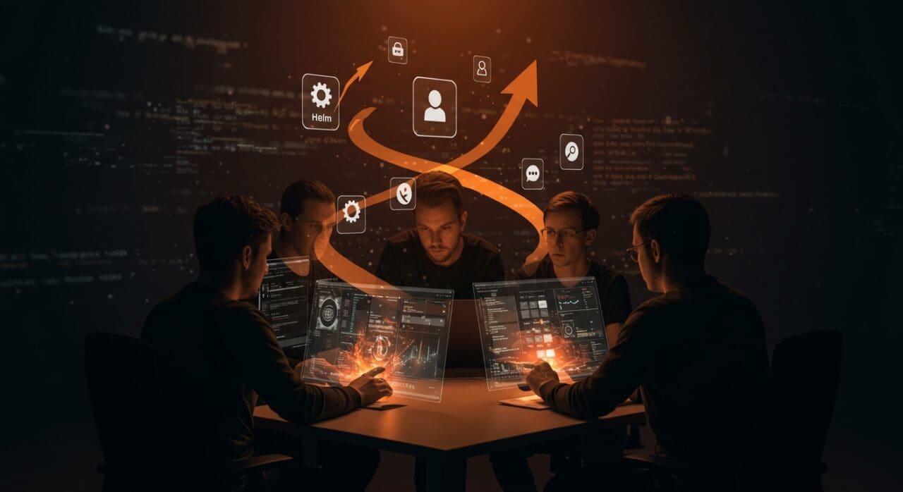 Equipo DevOps automatizando despliegues en Kubernetes con Helm v4.0.0, resaltando innovación y tecnología open source.