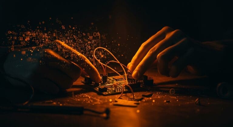 Manos ensamblando un prototipo de placa electrónica de hardware abierto, representando la historia y controversias de Arduino y la innovación tecnológica open source.