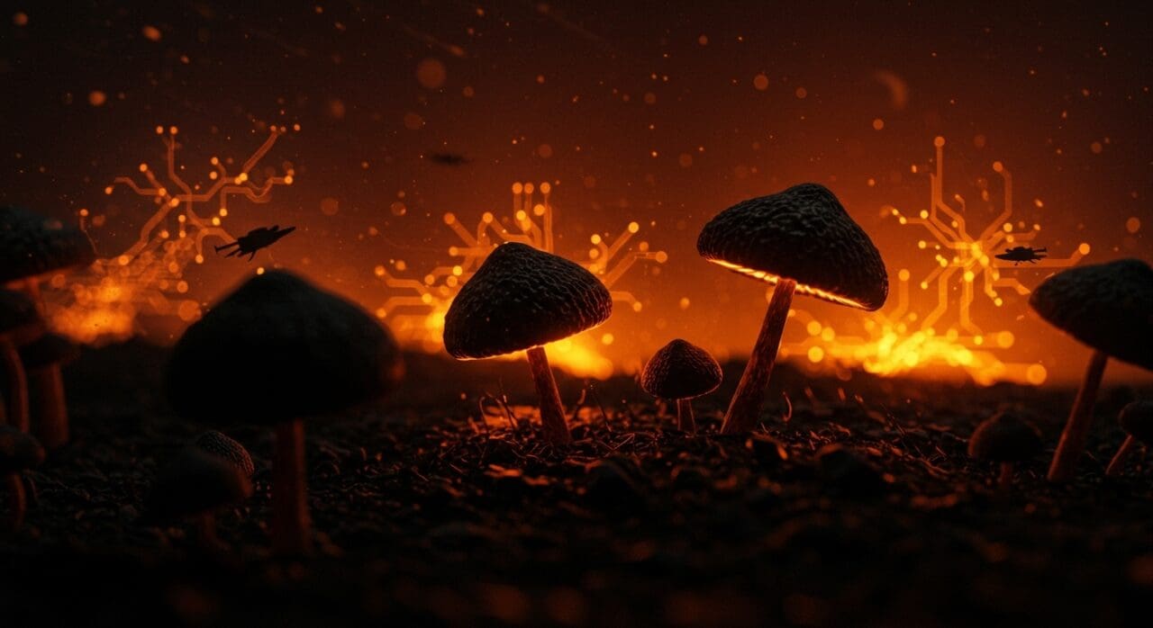 Hongos radiorresistentes de Chernobyl transformando radiación en energía, representando biotecnología y exploración espacial innovadora.