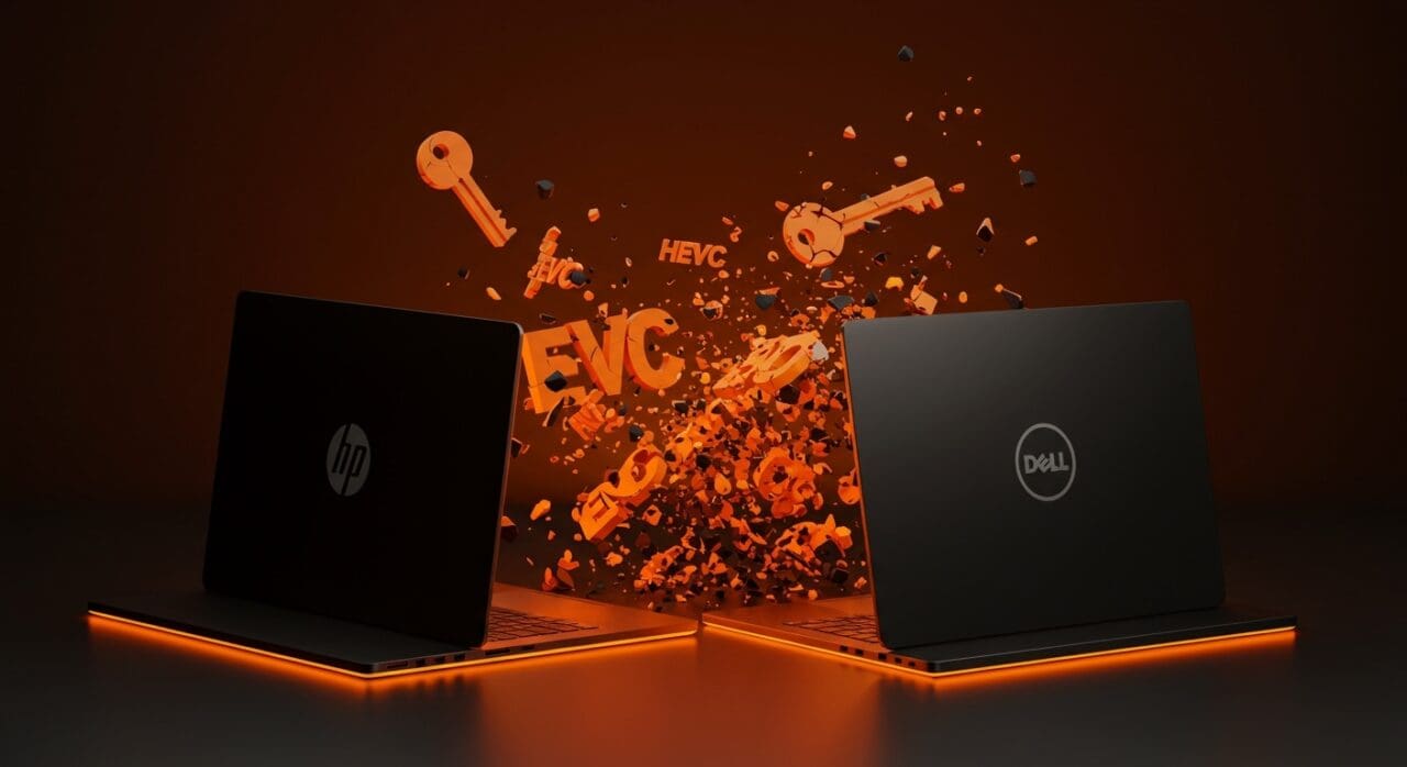 Laptops HP y Dell iluminadas en naranja y negro, simbolizando la desactivación del soporte HEVC y su impacto en startups y tecnología de video.