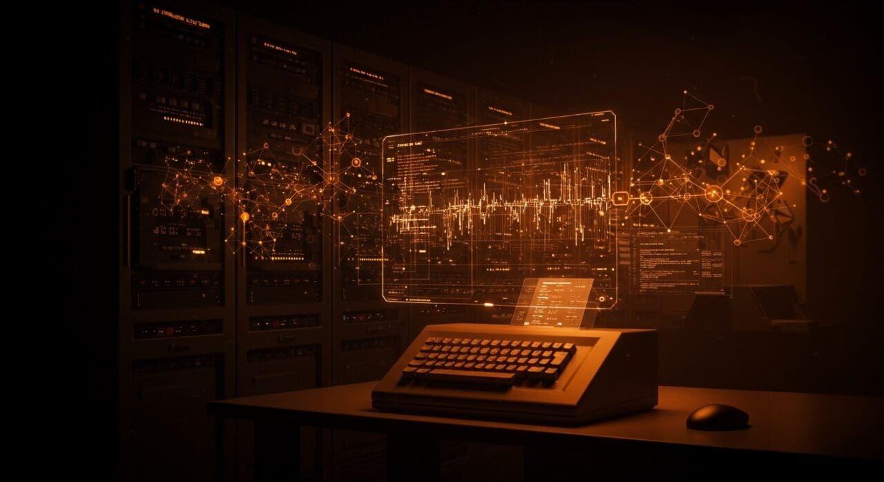 Visual tecnológico que representa IA aplicada y automatización para modernizar mainframes y sistemas COBOL críticos.
