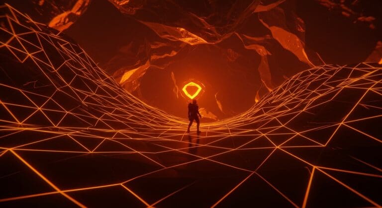 Paisaje digital hiperbólico y no euclidiano representando el juego roguelike HyperRogue con innovación tecnológica y geometría matemática.