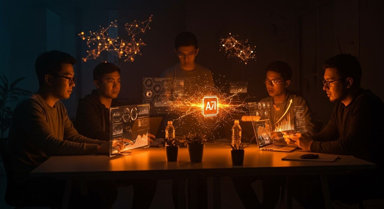 Fundadores tech latinos colaborando con modelos abiertos de IA en un entorno futurista, representando diversidad y oportunidades en el ecosistema IA 2025.