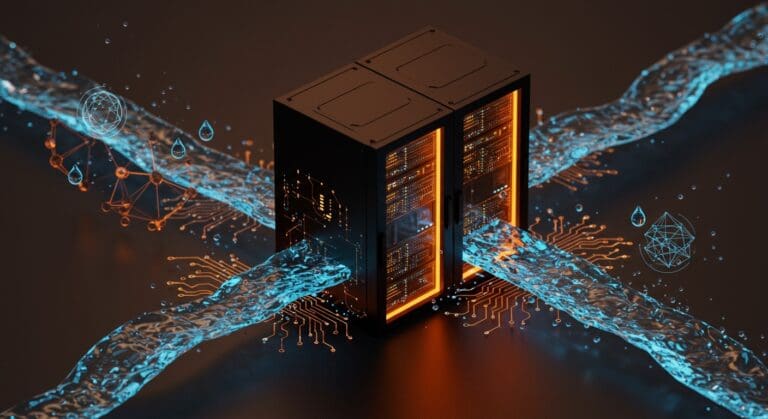 Data centers y IA representados con flujos de agua y redes neuronales, ilustrando el impacto ambiental y la sostenibilidad en infraestructura tecnológica.