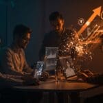 Ingenieros trabajando en automatización con inteligencia artificial aplicada en salud, acelerando el acceso a terapias críticas en startups tecnológicas.