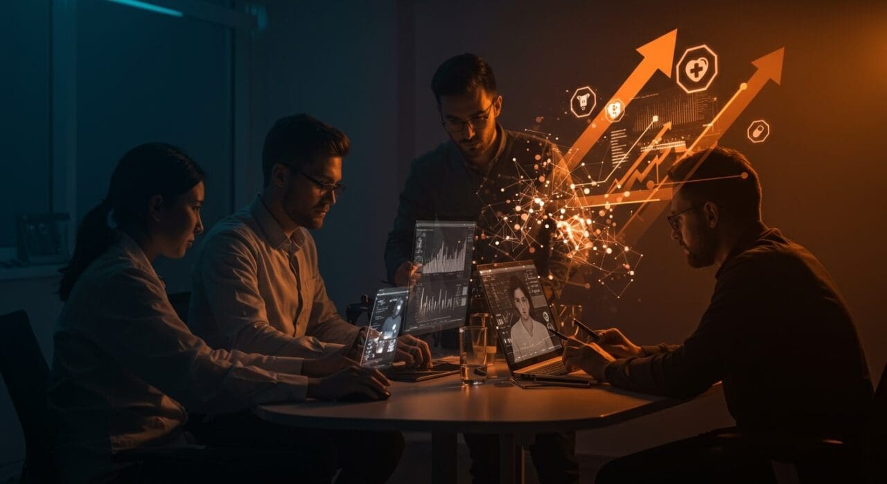 Ingenieros trabajando en automatización con inteligencia artificial aplicada en salud, acelerando el acceso a terapias críticas en startups tecnológicas.