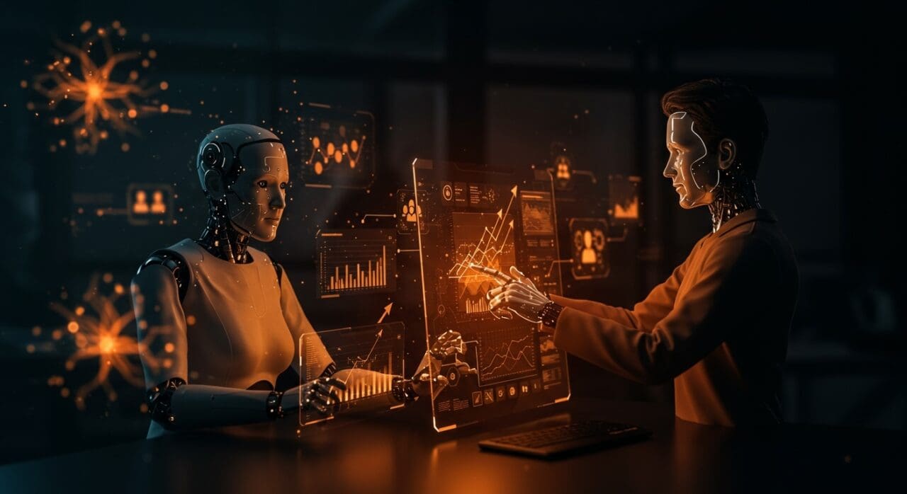 Colaboración entre agentes de IA y expertos humanos elevando la productividad según estudio de Upwork en un entorno tecnológico moderno.