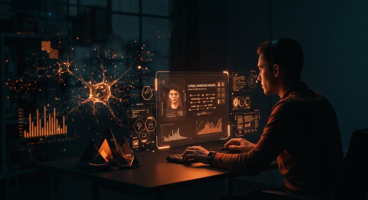 Experto supervisando interfaz digital futurista con monitoreo de IA observable y SRE para modelos de lenguaje grandes confiables y escalables en startups tech.