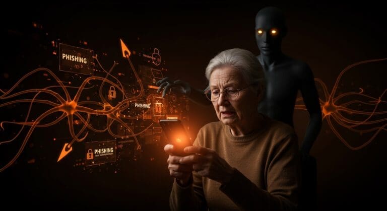 Adulto mayor vulnerable a ataques de phishing facilitados por inteligencia artificial y jailbreaking, en contexto de seguridad digital y fraude.