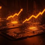 Impacto del aumento de precios de TSMC en CPUs y GPUs con metáforas visuales de arquitectura de chips y tendencias de mercado tecnológico.
