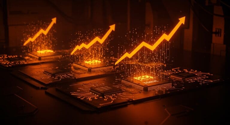 Impacto del aumento de precios de TSMC en CPUs y GPUs con metáforas visuales de arquitectura de chips y tendencias de mercado tecnológico.