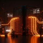 Centros de datos de Microsoft y Google en Chile con visualizaciones de empleo tecnológico e inversión extranjera en un ambiente moderno y contrastado.