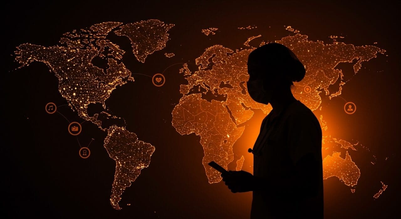 Impacto del cierre de USAID en salud global con simbolismo de cooperación internacional y crisis humanitaria en políticas públicas.