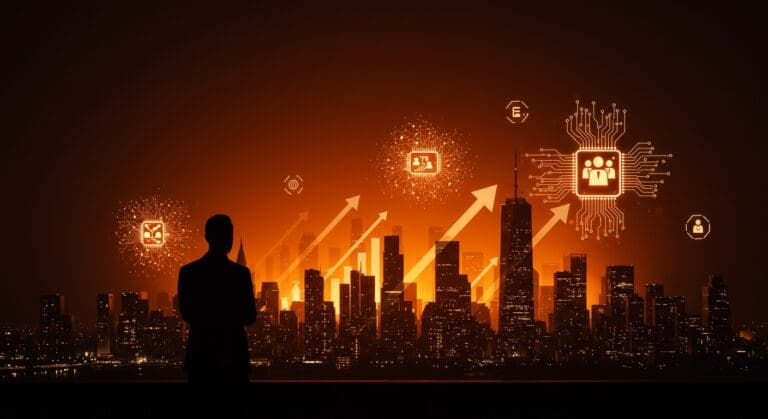 Impacto de la inteligencia artificial en la prosperidad y economía de Estados Unidos con representación digital y metáforas visuales de IA y automatización.