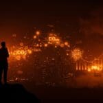 Impacto de la inteligencia artificial en emisiones de CO2 y sostenibilidad con visual de fundador frente a red neuronal y moléculas de carbono en ciudad digital.