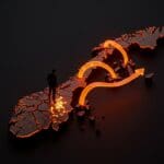 Impuesto sobre la riqueza en Noruega causando fuga de capitales, representado por un mapa fracturado y flujos de capital digital en ecosistema startup.