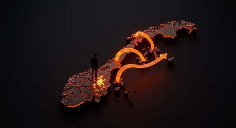 Impuesto sobre la riqueza en Noruega causando fuga de capitales, representado por un mapa fracturado y flujos de capital digital en ecosistema startup.