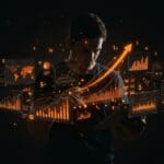 Fundador de startup analizando impacto fiscal y riesgo financiero con gráficos y símbolos de impuestos sobre ganancias de capital en un entorno tecnológico.