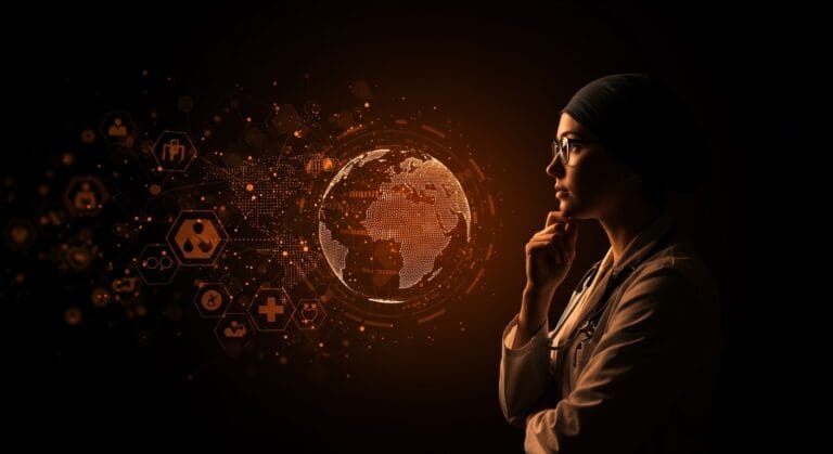 Médico extranjero contemplando un globo digital que representa la salud global y la inmigración en EE. UU., en contexto de mercado laboral y talento internacional.