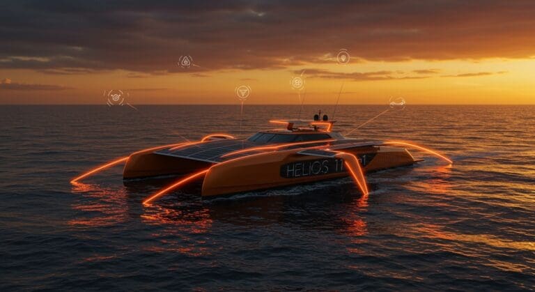 Yate solar Helios 11 navegando con energía solar, representando la innovación y movilidad sostenible en exploración marina.
