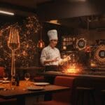 Inteligencia artificial aplicada en restaurantes modernos, mostrando automatización y tecnología avanzada en la gestión gastronómica.