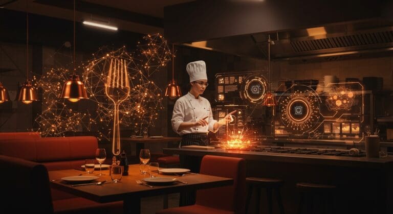 Inteligencia artificial aplicada en restaurantes modernos, mostrando automatización y tecnología avanzada en la gestión gastronómica.