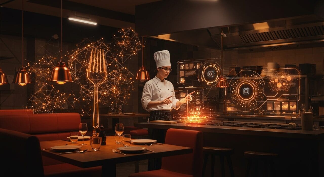 Inteligencia artificial aplicada en restaurantes modernos, mostrando automatización y tecnología avanzada en la gestión gastronómica.