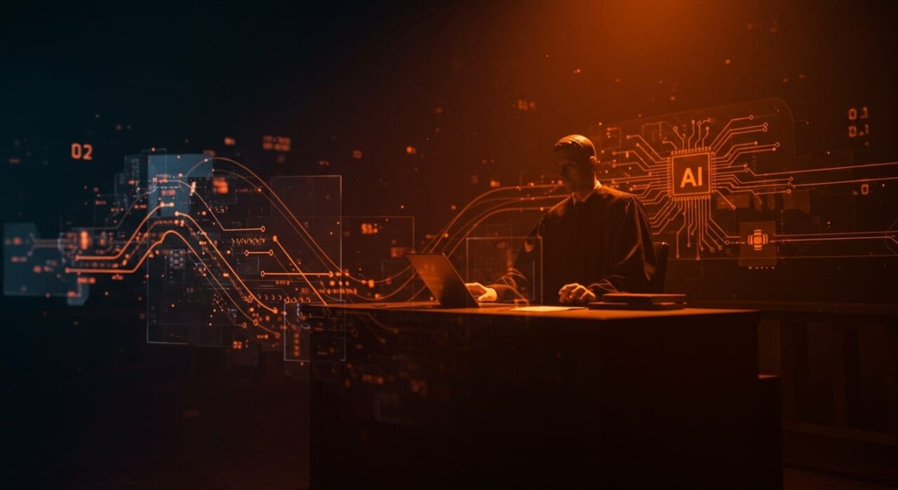 Escena editorial con juez y elementos abstractos de inteligencia artificial, simbolizando la transparencia y automatización en tribunales y legaltech.