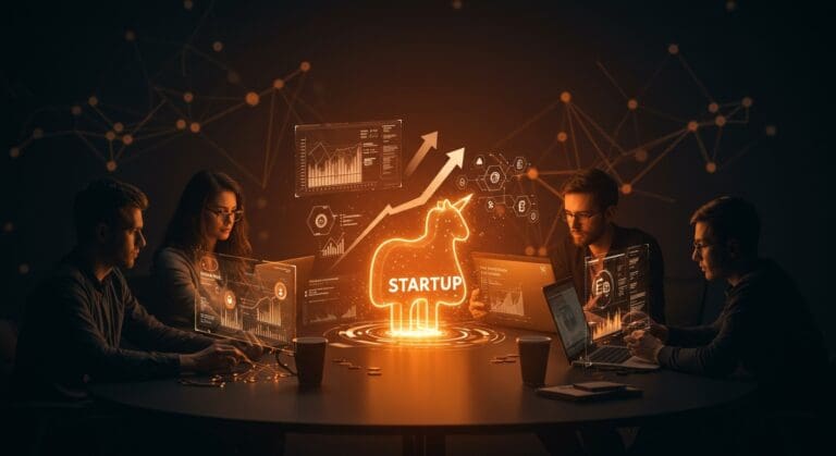 Inversión de más de 4600 millones de dólares en startups fintech y unicornios en América Latina durante 2024, mostrando founders tecnológicos colaborando en un entorno innovador.