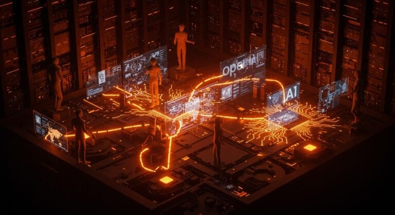 Inversiones en inteligencia artificial destacadas con centros de datos y chips tecnológicamente avanzados representando a Google y OpenAI en un entorno moderno.