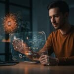 Fundador tech implementando gobernanza de IA ISO 42001 en startup SaaS con visualizaciones abstractas de frameworks y riesgos IA.