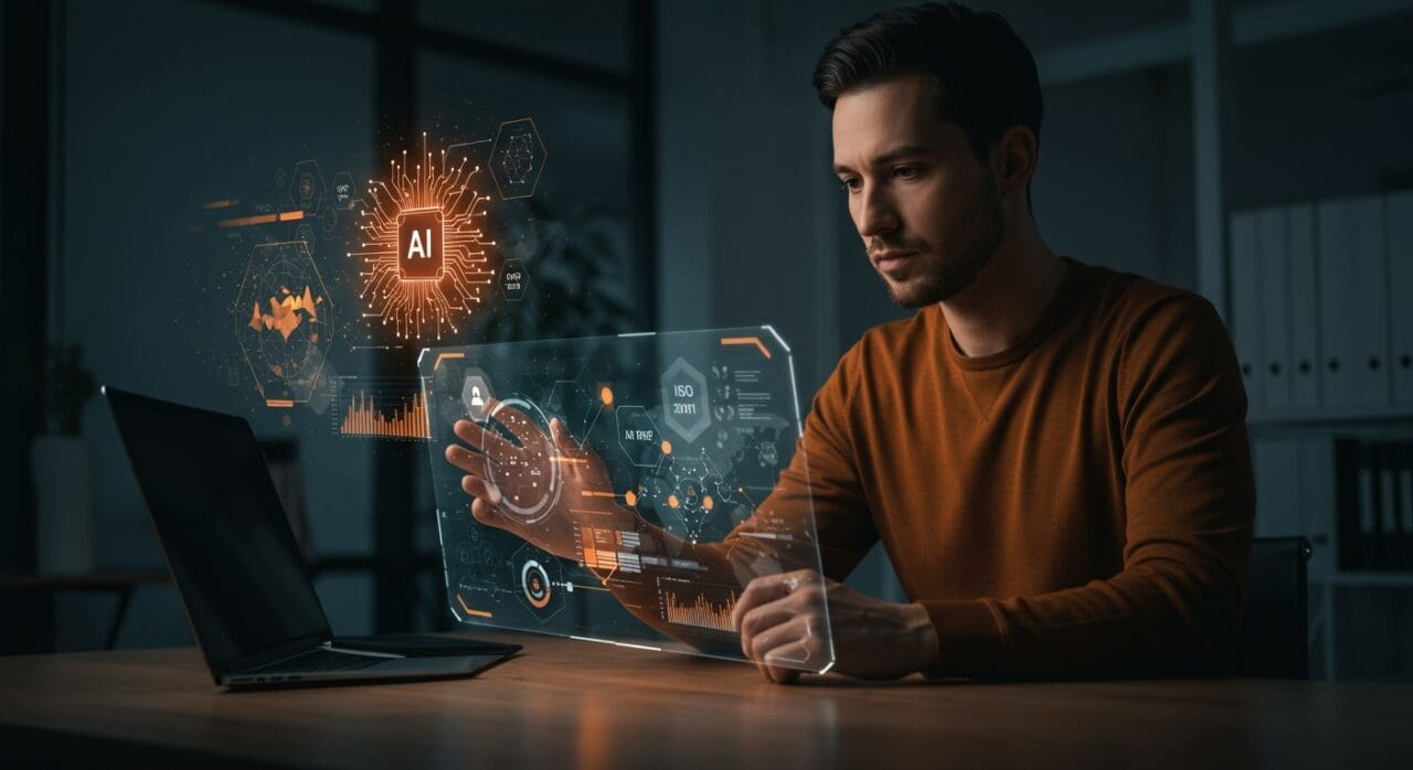 Fundador tech implementando gobernanza de IA ISO 42001 en startup SaaS con visualizaciones abstractas de frameworks y riesgos IA.