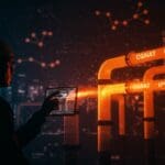 Impacto de CGNAT en la equidad digital ilustrado con flujo de datos y red de ISPs en colores naranja y negro.