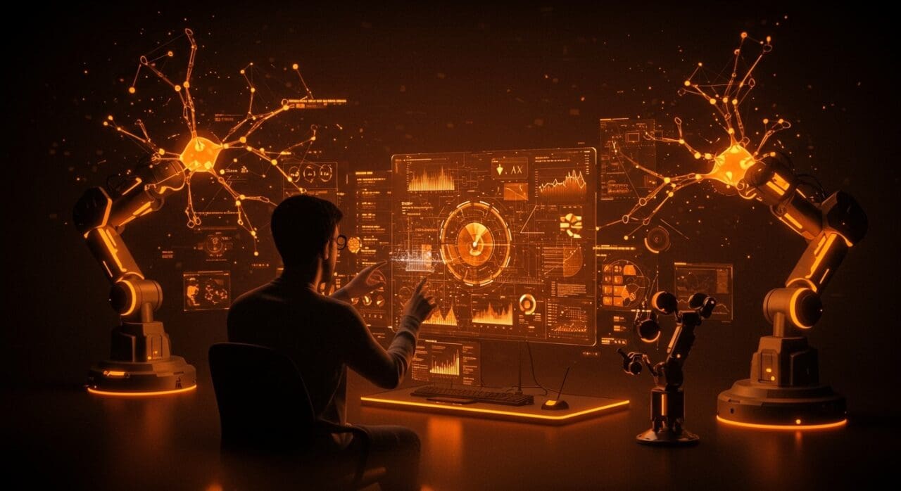 Interfaz holográfica de world modeling en JAX con fundador tecnológico y robótica, representando IA aplicada escalable en Ecosistema Startup.