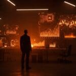 Jeff Bezos con interfaz holográfica de inteligencia artificial y gráficos financieros representando financiamiento récord en IA y tendencias tecnológicas.